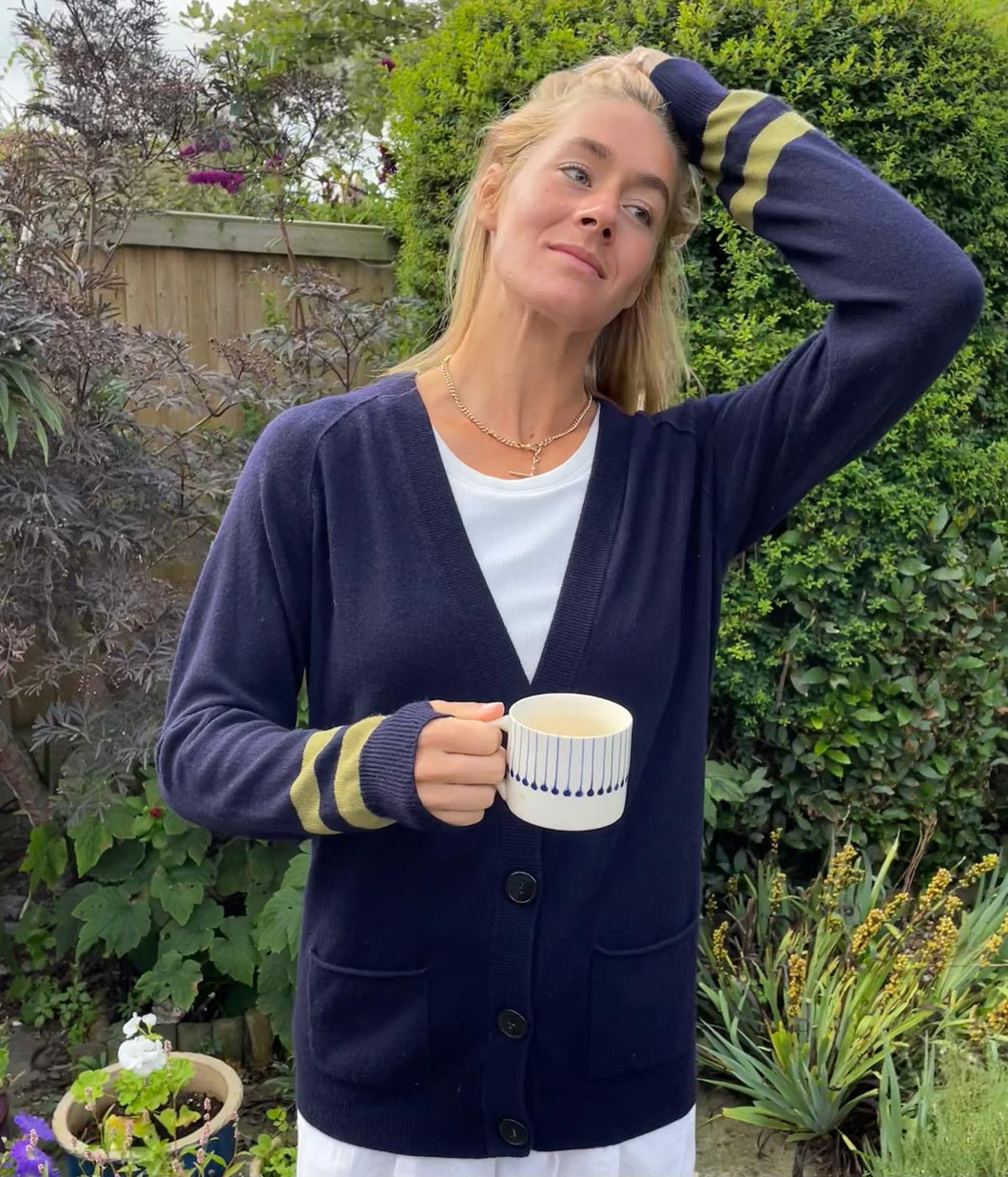 Jigsaw navy V neck Cardigan, sage green stripes to wrists, patch pockets and knitted contrast panel down back, 4 navy buttons, 41”, L (excellent condition)