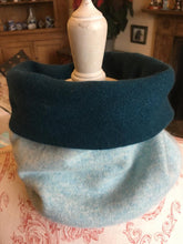 Load image into Gallery viewer, Reversible Snood  - Pale turquoise ribs and cable with dark bluey green interior
