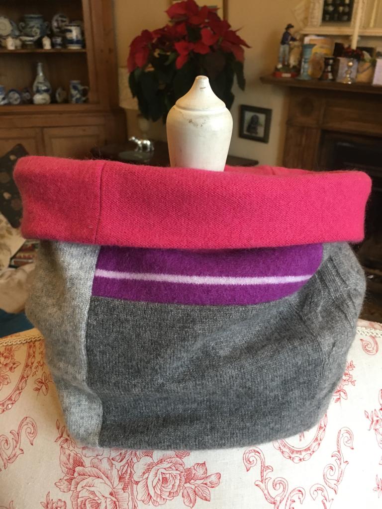 Reversible Snood  - Patchwork of greys and magenta stripes with raspberry interior